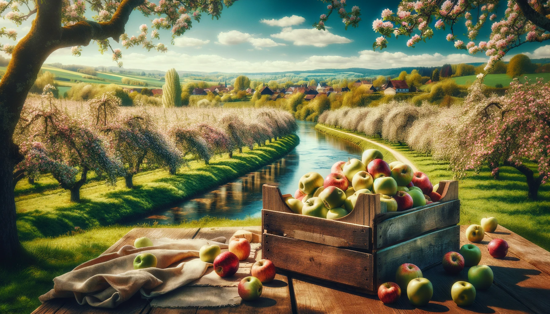Ein schönes Bild aus dem Alten Land. Ein Obstkorb mit Äpfel und eine Sicht auf Blühende Obstbäume.